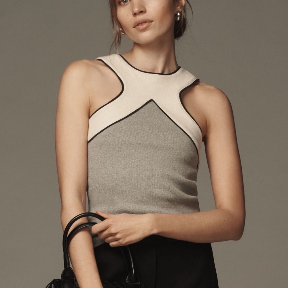 Maeve Tan and Cream Asymmetrical Sleeveless Tank Top
